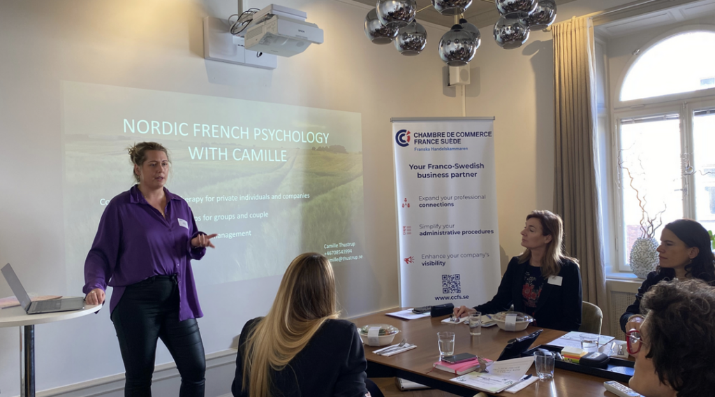 Camille Thustrup leading a workshop on communication and psychology for the French-Swedish Chamber of Commerce