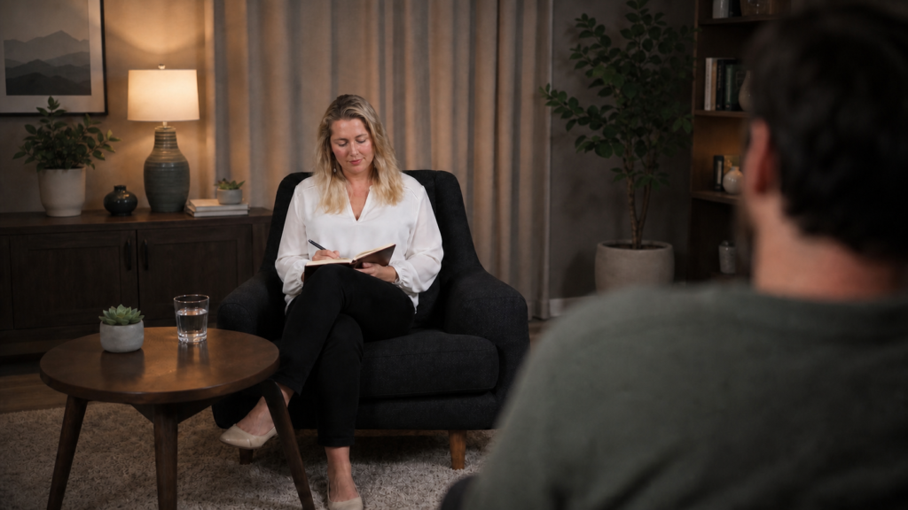 Camille Thustrup, The Nordic French Therapist, writing notes during a therapy session